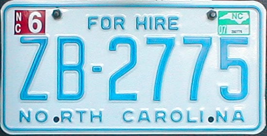 For Hire NC License Plate